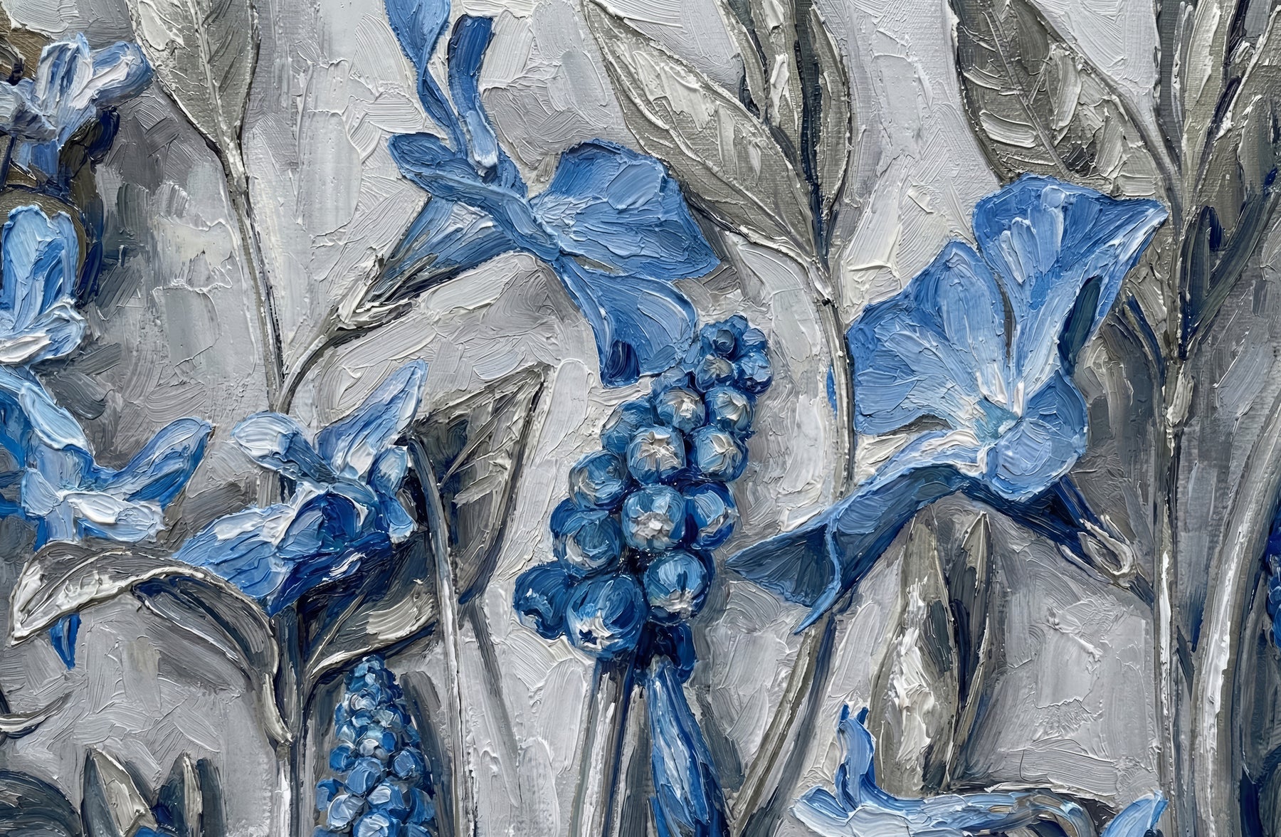 Sapphire Flora Relief — 3D Haptic Embossed High-Gloss Luxury Wall Art