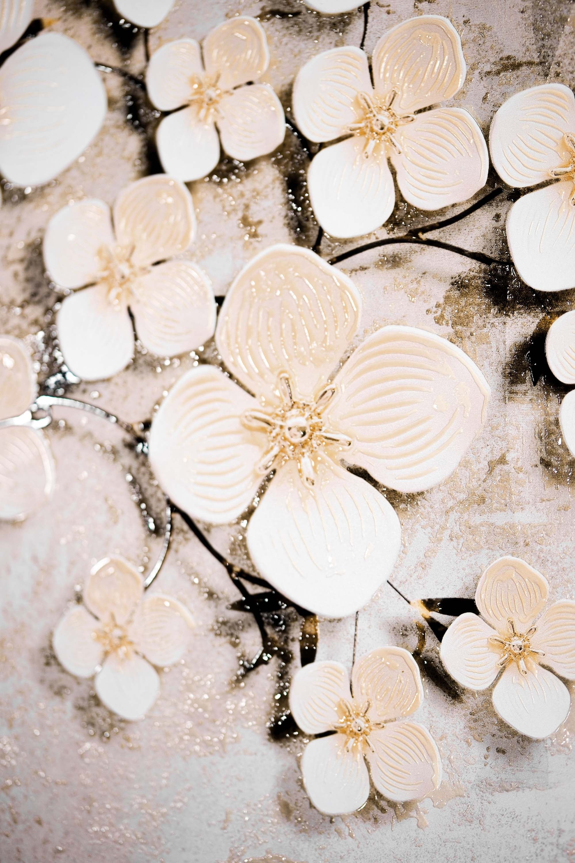 Ivory Floral Symphony — 3D Haptic Embossed High-Gloss Luxury Wall Art