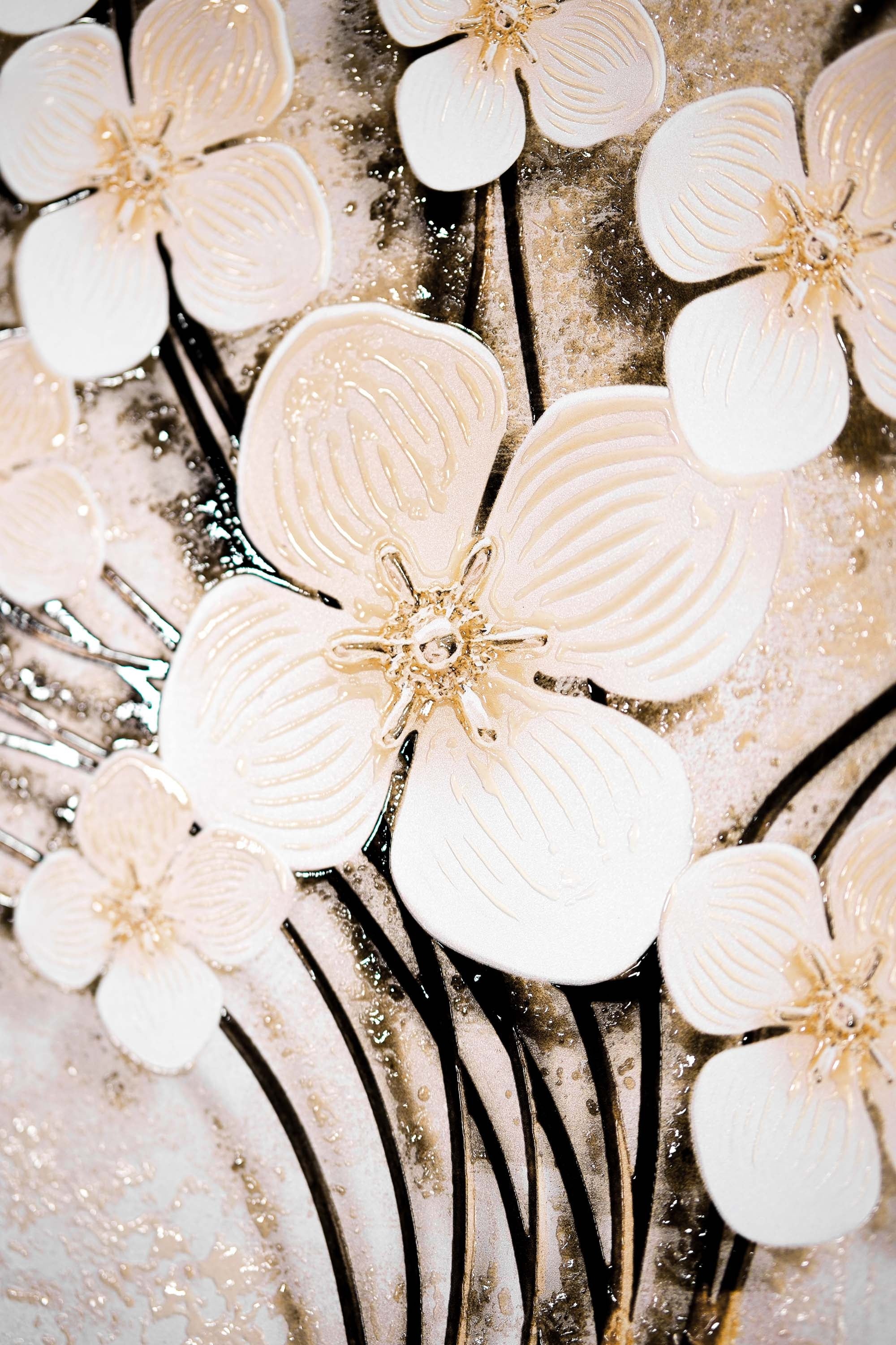 Ivory Floral Symphony — 3D Haptic Embossed High-Gloss Luxury Wall Art