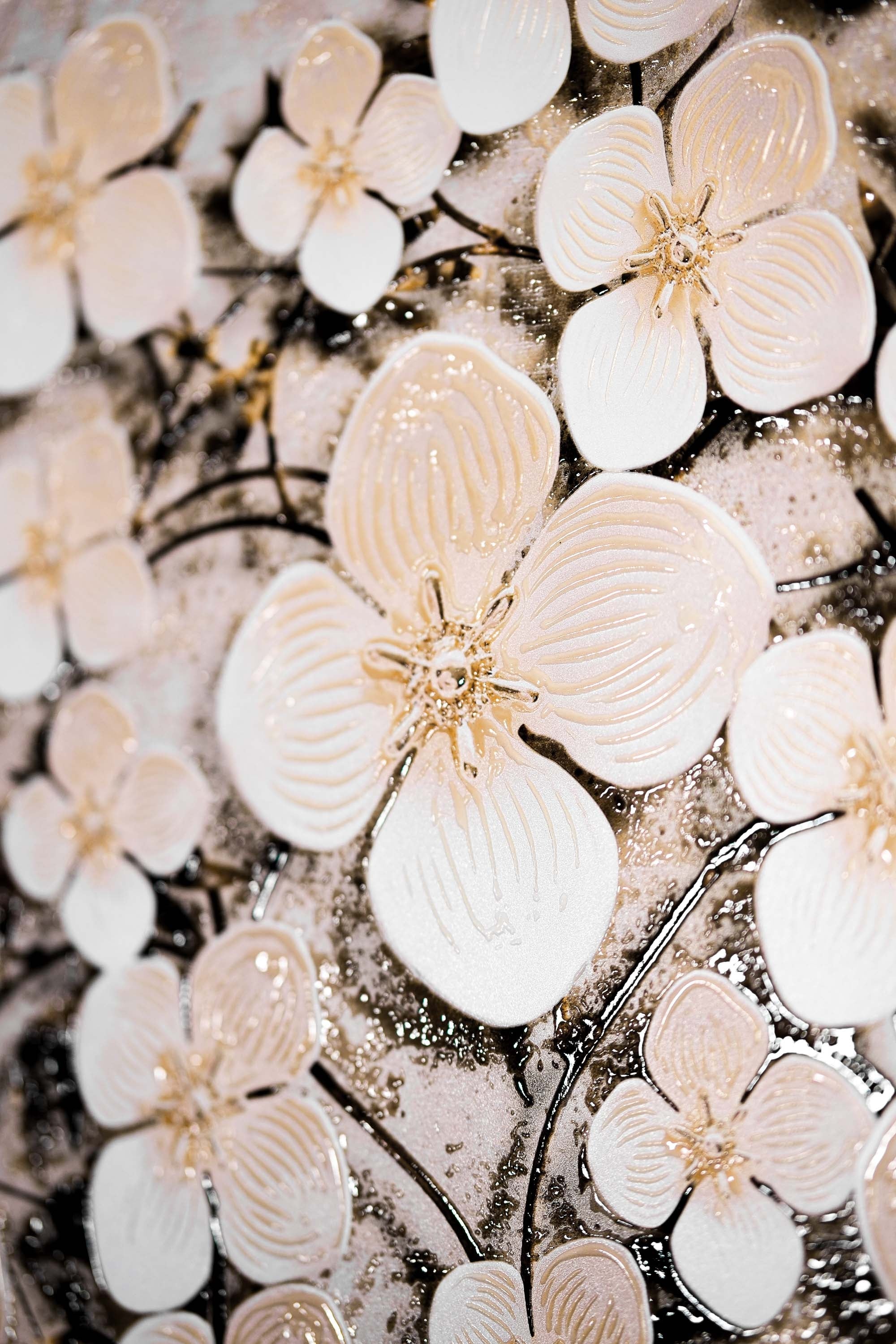 Ivory Floral Symphony — 3D Haptic Embossed High-Gloss Luxury Wall Art