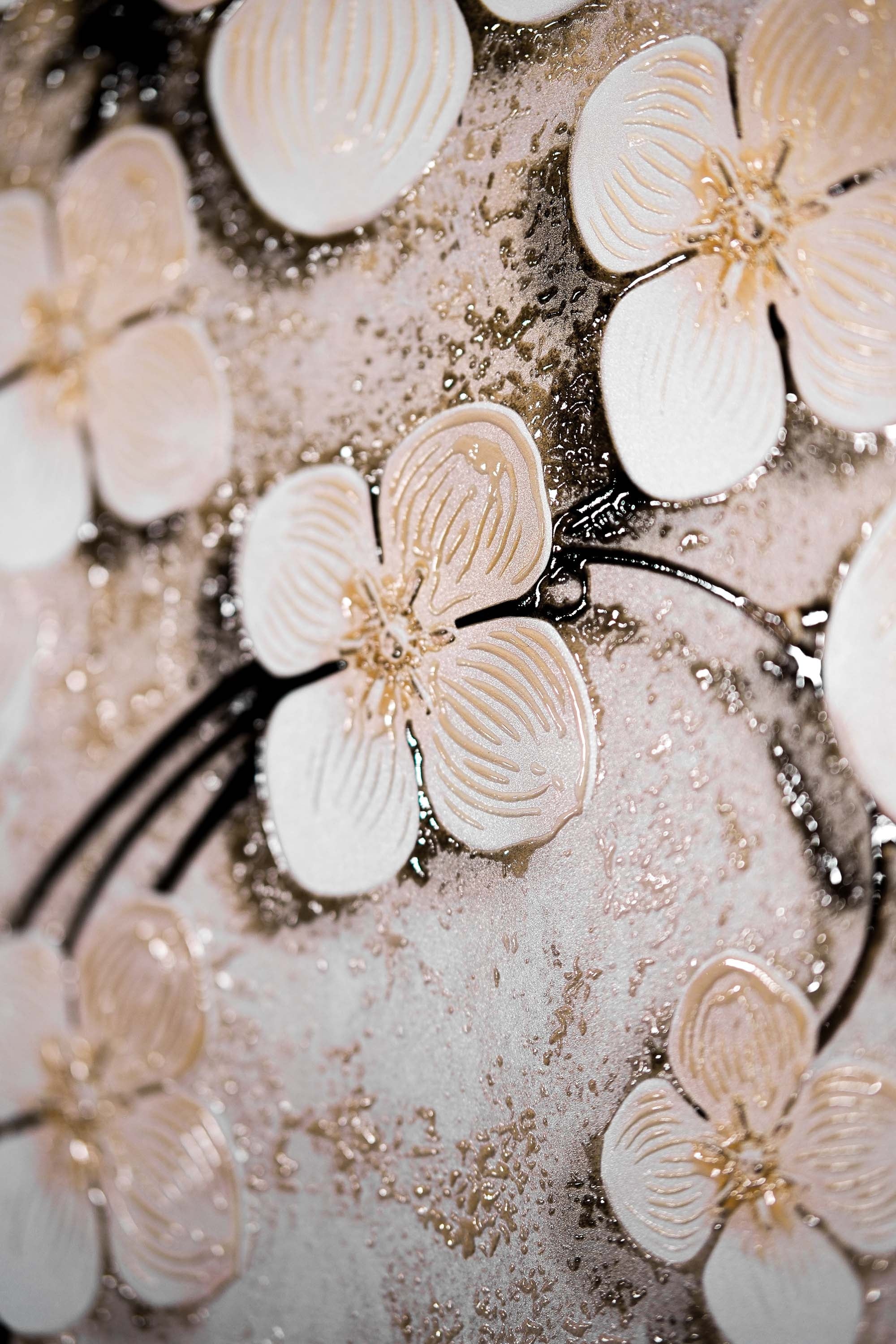 Ivory Floral Symphony — 3D Haptic Embossed High-Gloss Luxury Wall Art