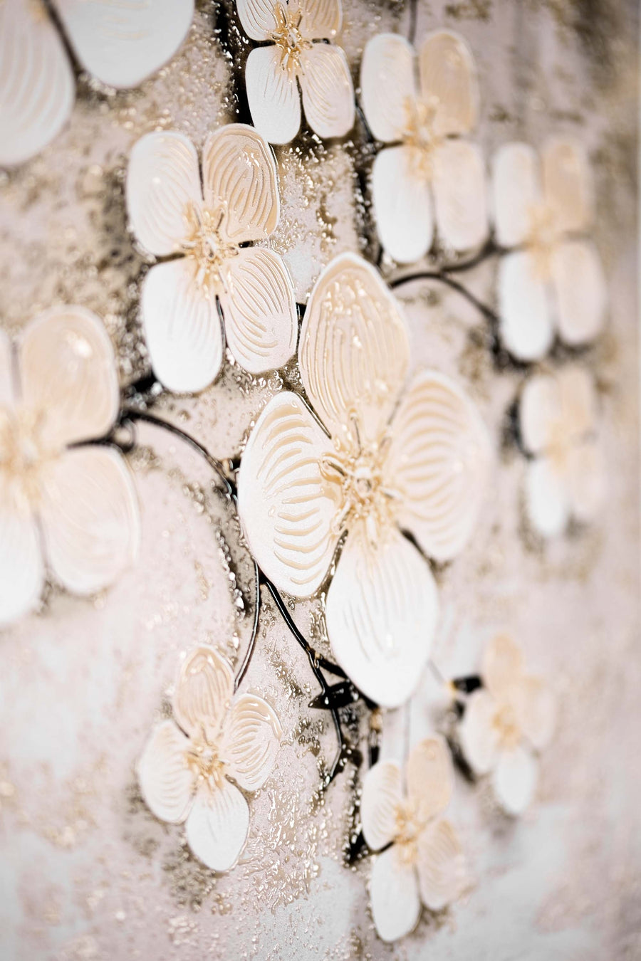 Ivory Floral Symphony — 3D Haptic Embossed High-Gloss Luxury Wall Art