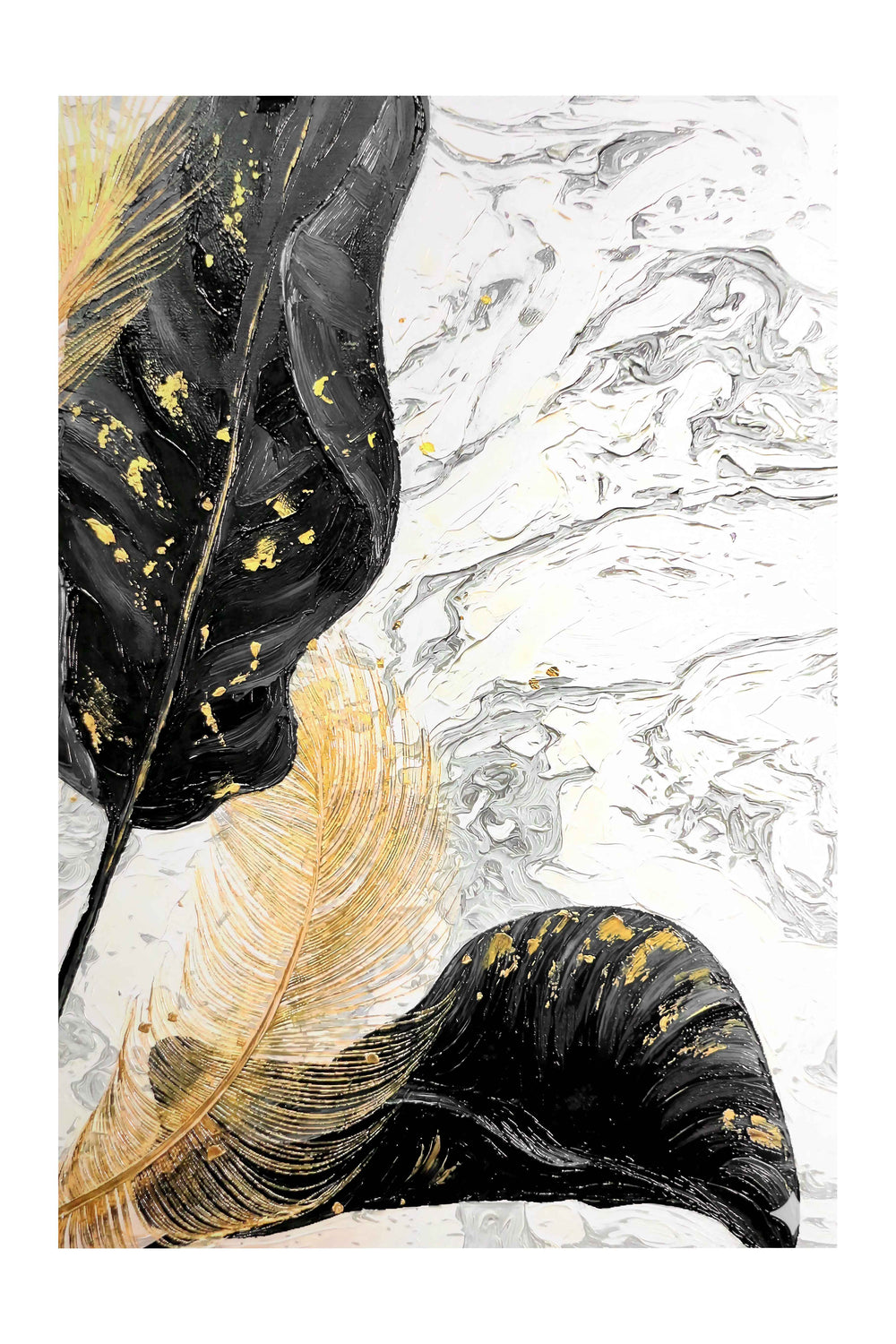 Gilded Leaf & Feather Reverie — 3D Haptic Embossed High-Gloss Luxury Wall Art