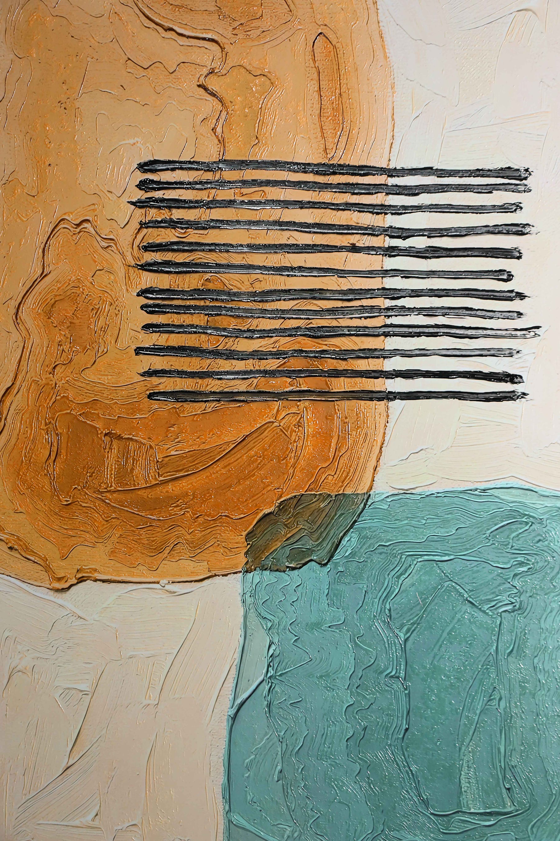 Ochre & Teal Linear Harmony — 3D Haptic Embossed High-Gloss Luxury Wall Art