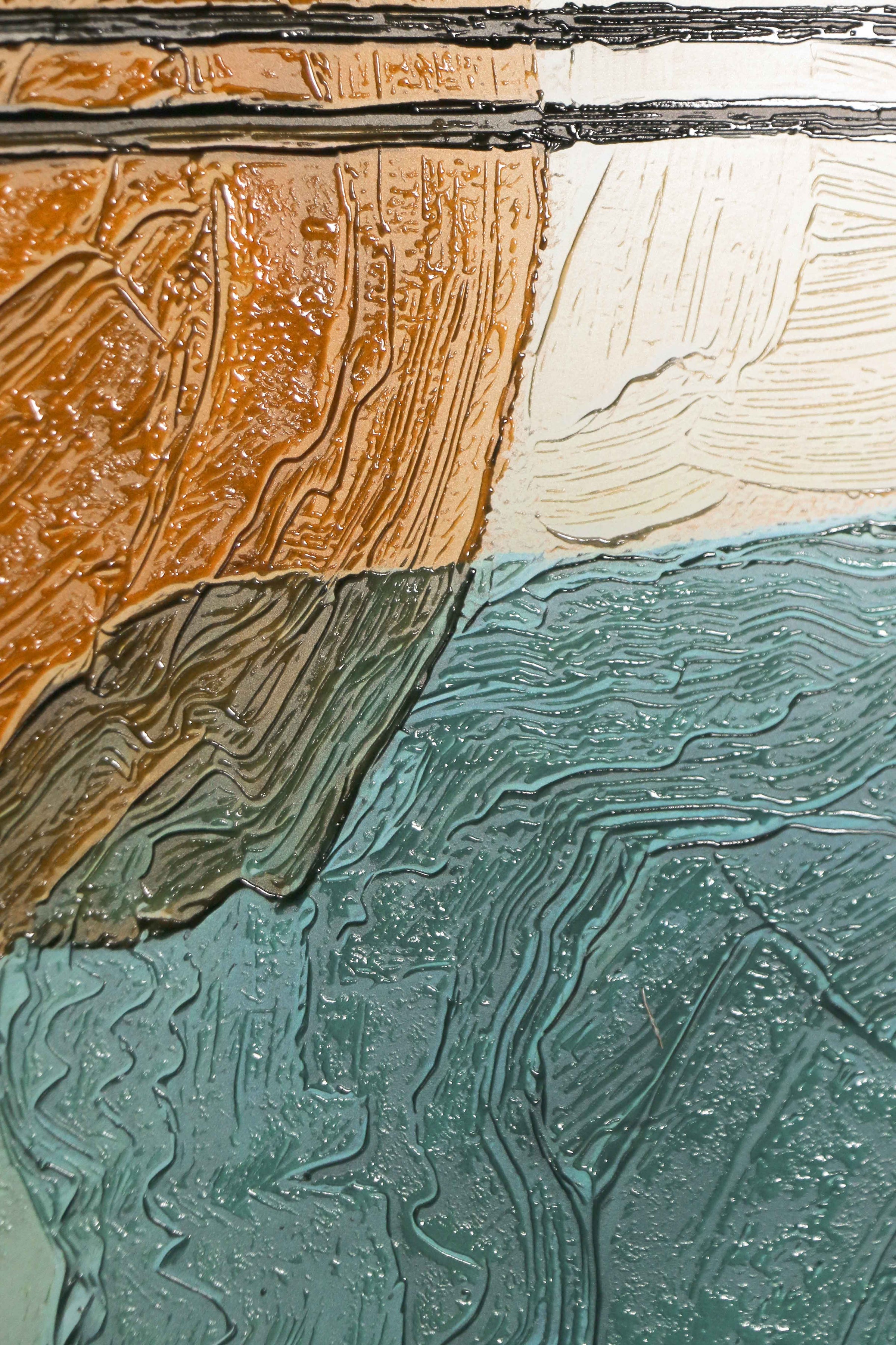 Ochre & Teal Linear Harmony — 3D Haptic Embossed High-Gloss Luxury Wall Art