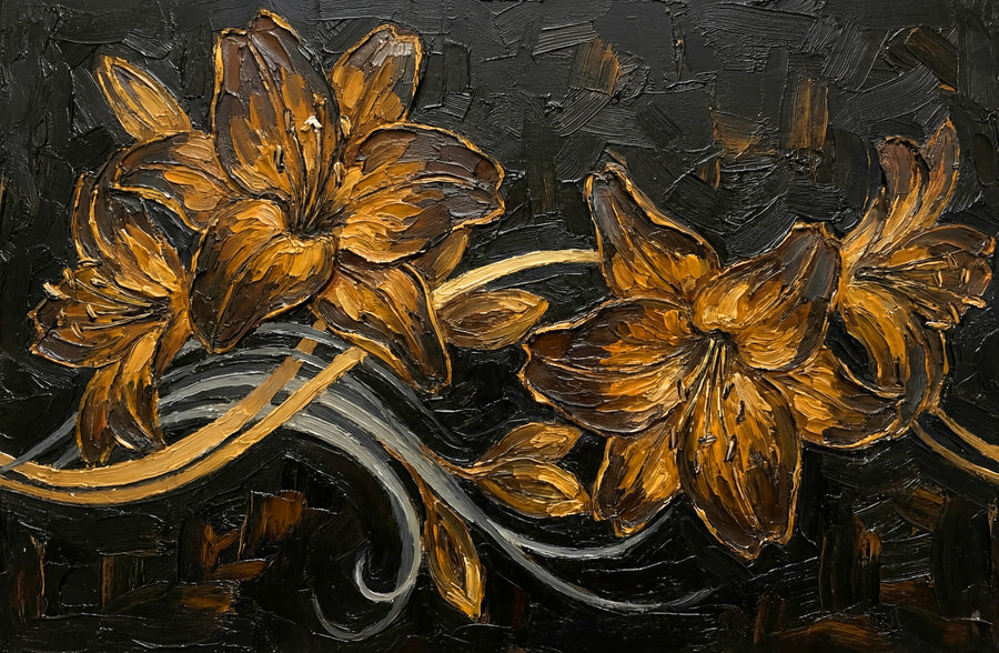 Gilded Ember Lilies — 3D Haptic Embossed High-Gloss Luxury Wall Art