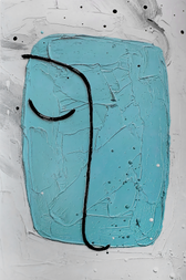 Abstract art piece with a blue square and black curved line on a light gray background