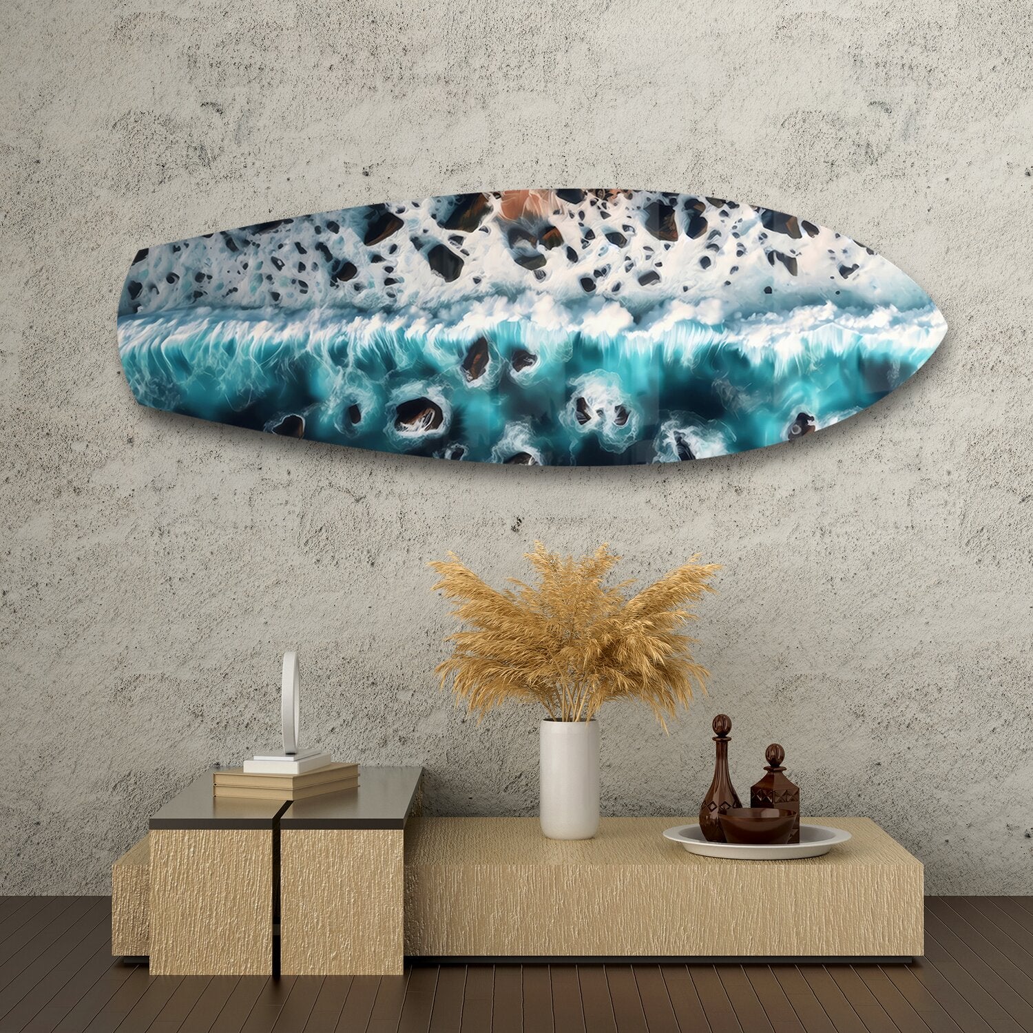 Crashing Wave Aerial Ocean Glass Wall Art.