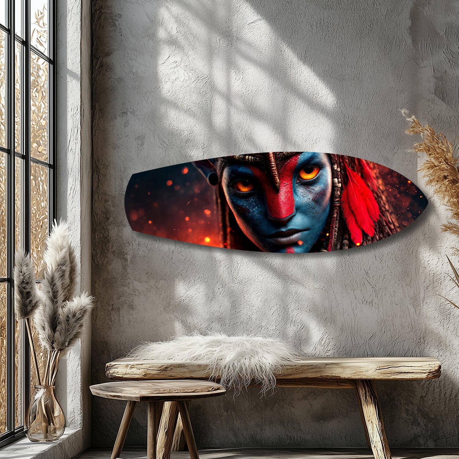 Blue Tribal Warrior Sci-Fi Glass Wall Art.