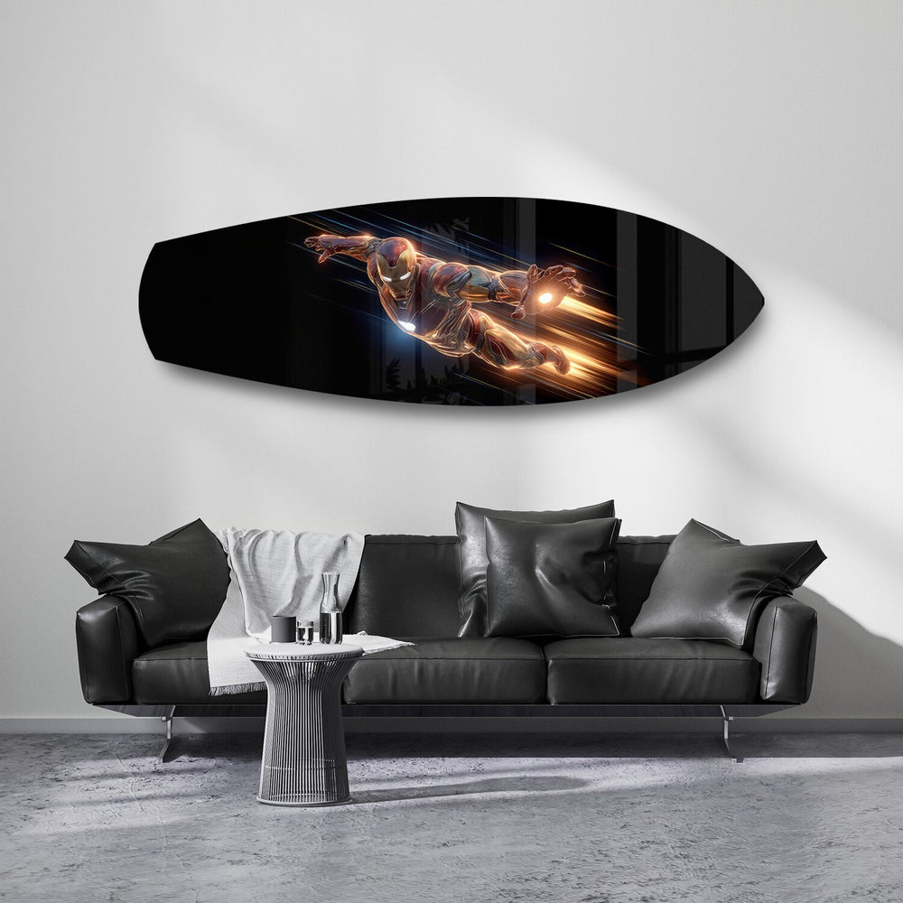 Flying Armored Superhero Glass Wall Art.
