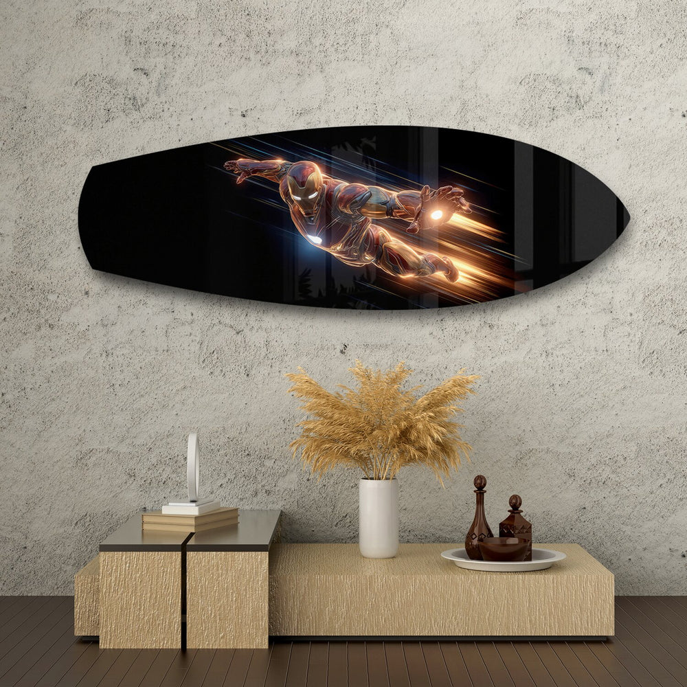 Flying Armored Superhero Glass Wall Art.
