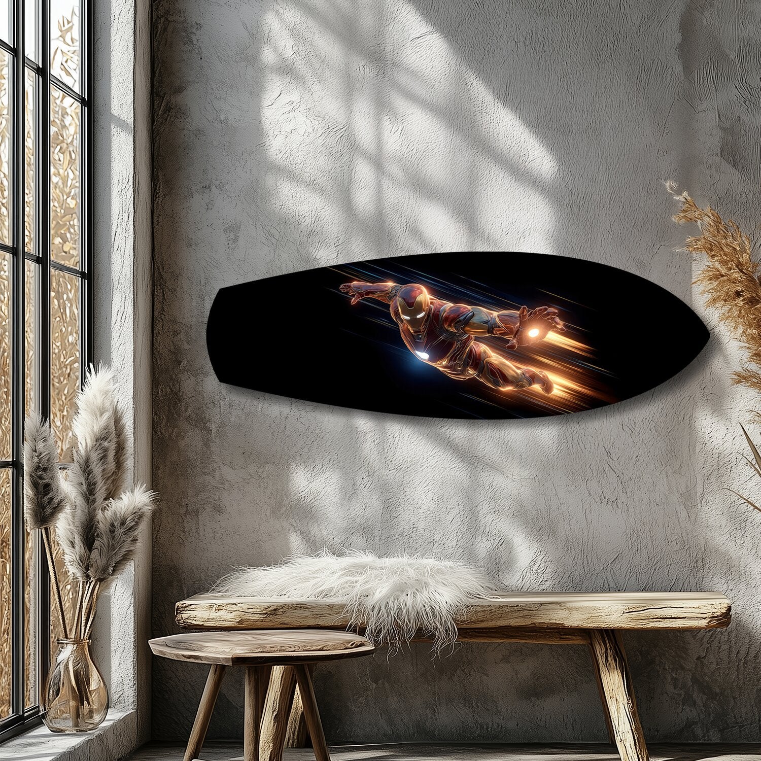 Flying Armored Superhero Glass Wall Art.