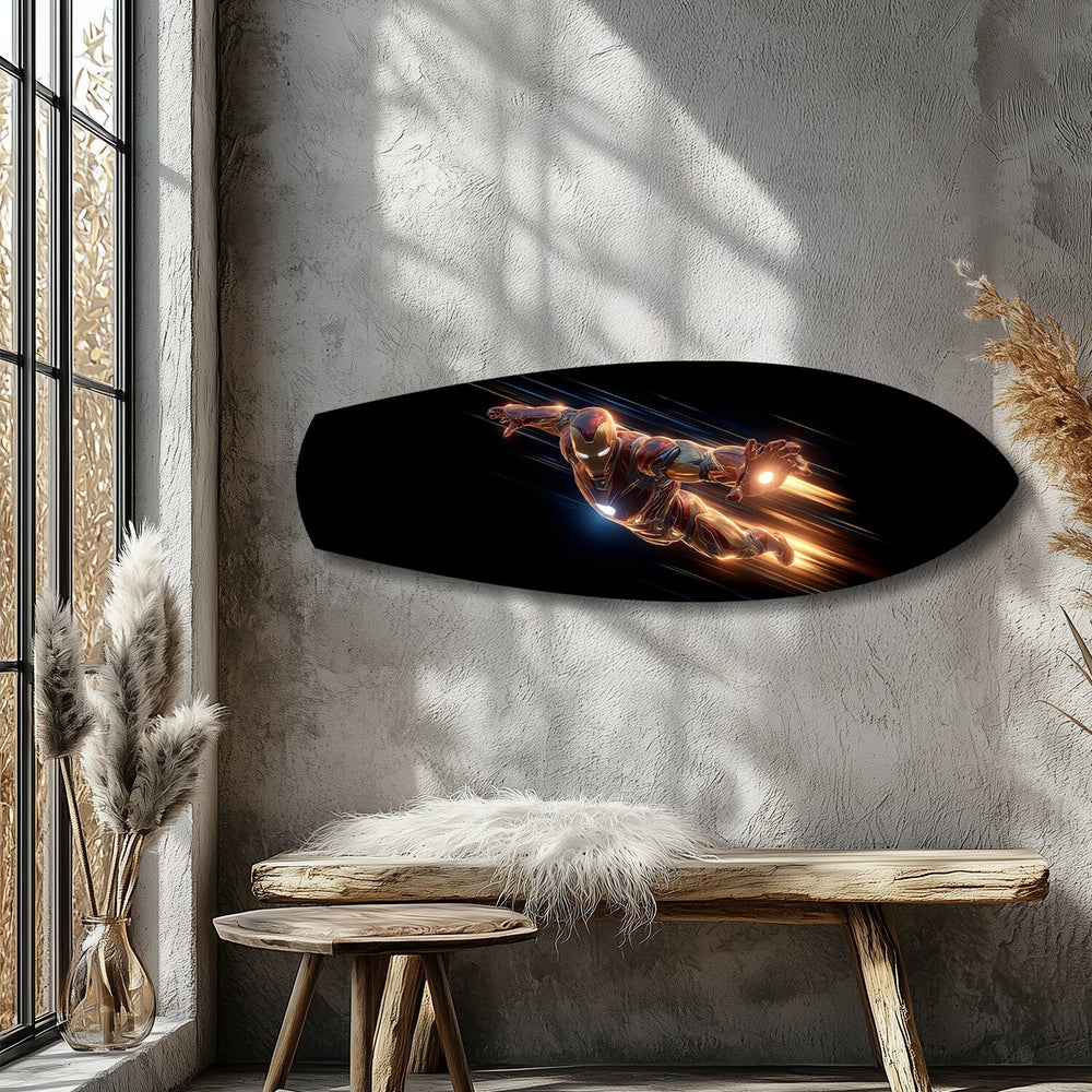 Flying Armored Superhero Glass Wall Art.