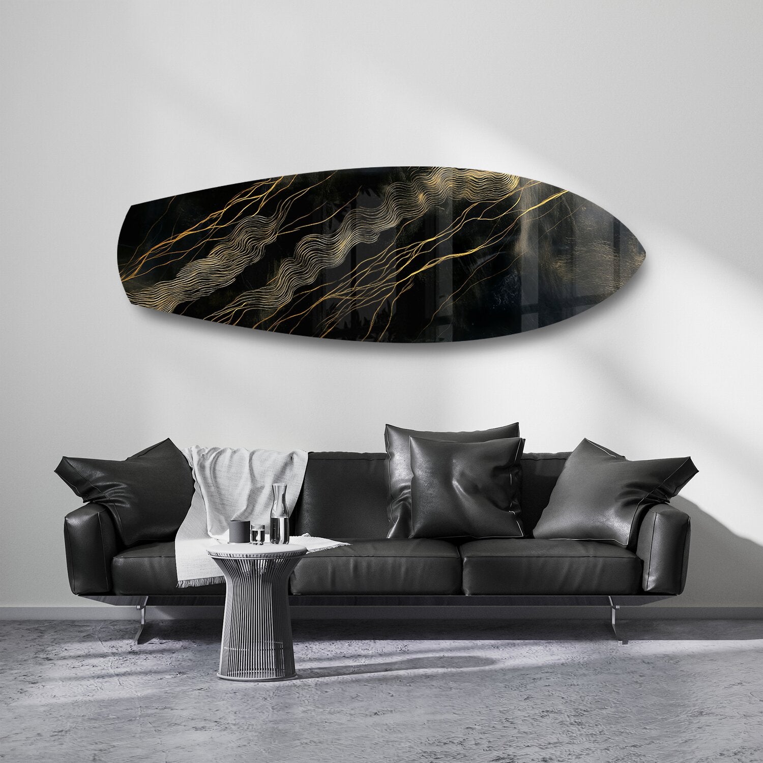 Black and Gold Topographic Lines Glass Wall Art.