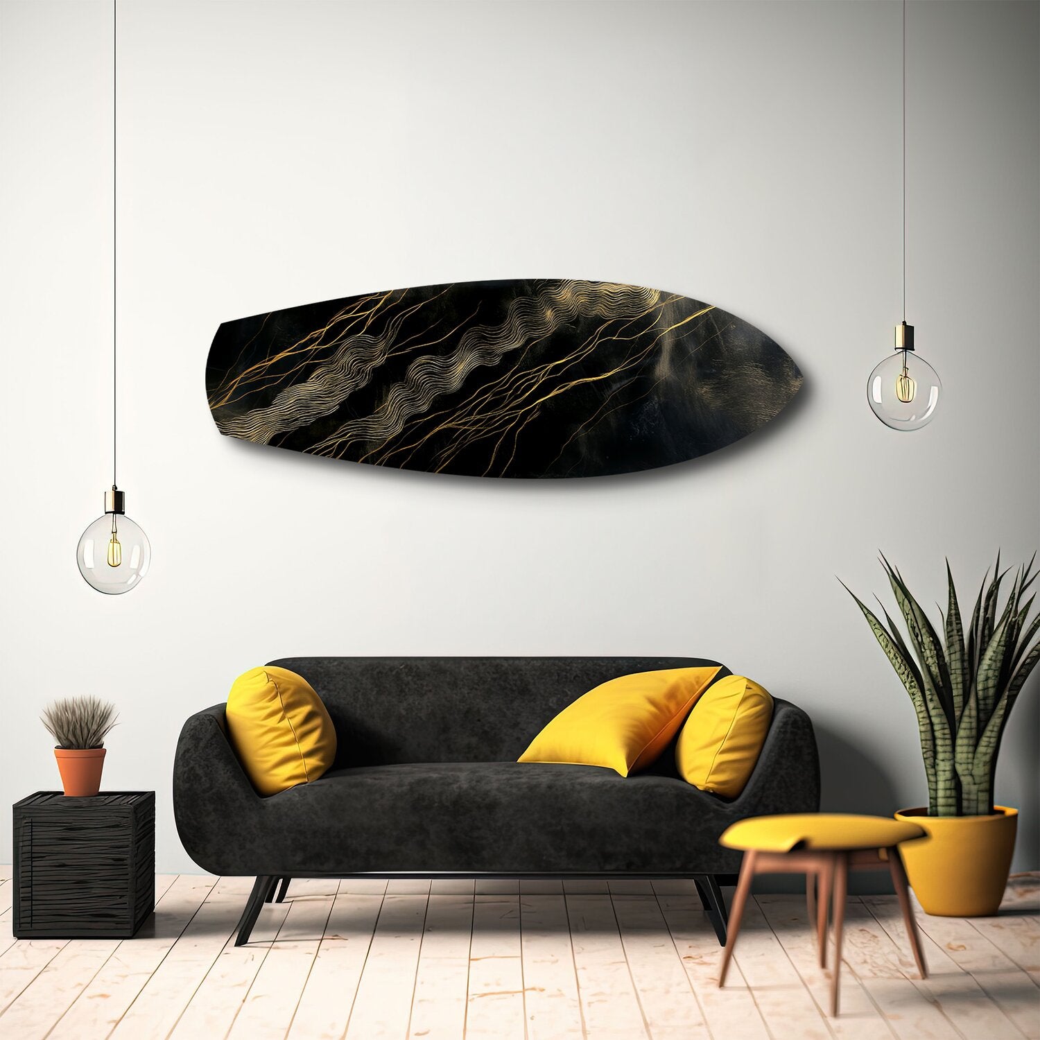 Black and Gold Topographic Lines Glass Wall Art.