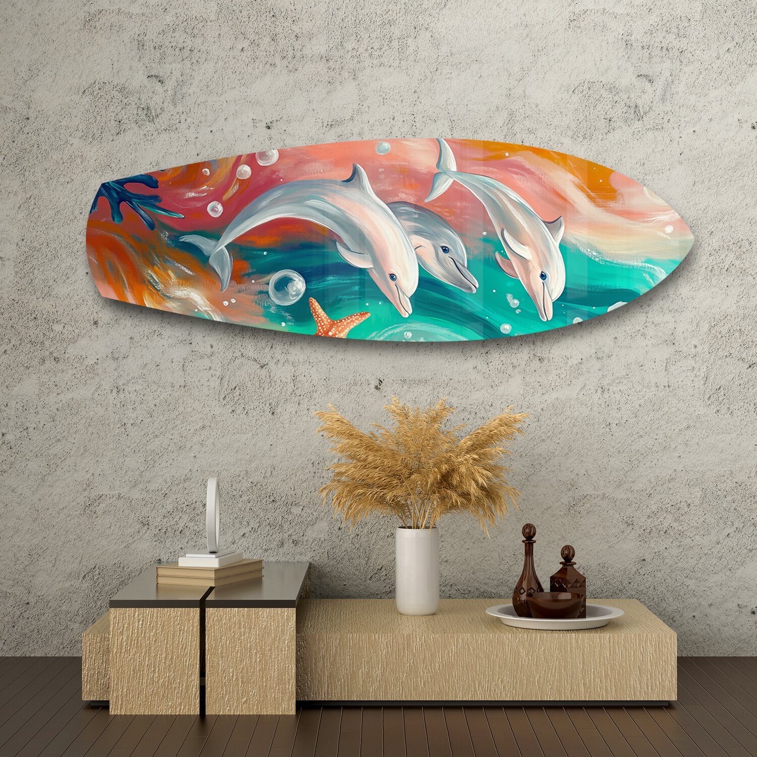 Playful Dolphins Painted Ocean Glass Wall Art.