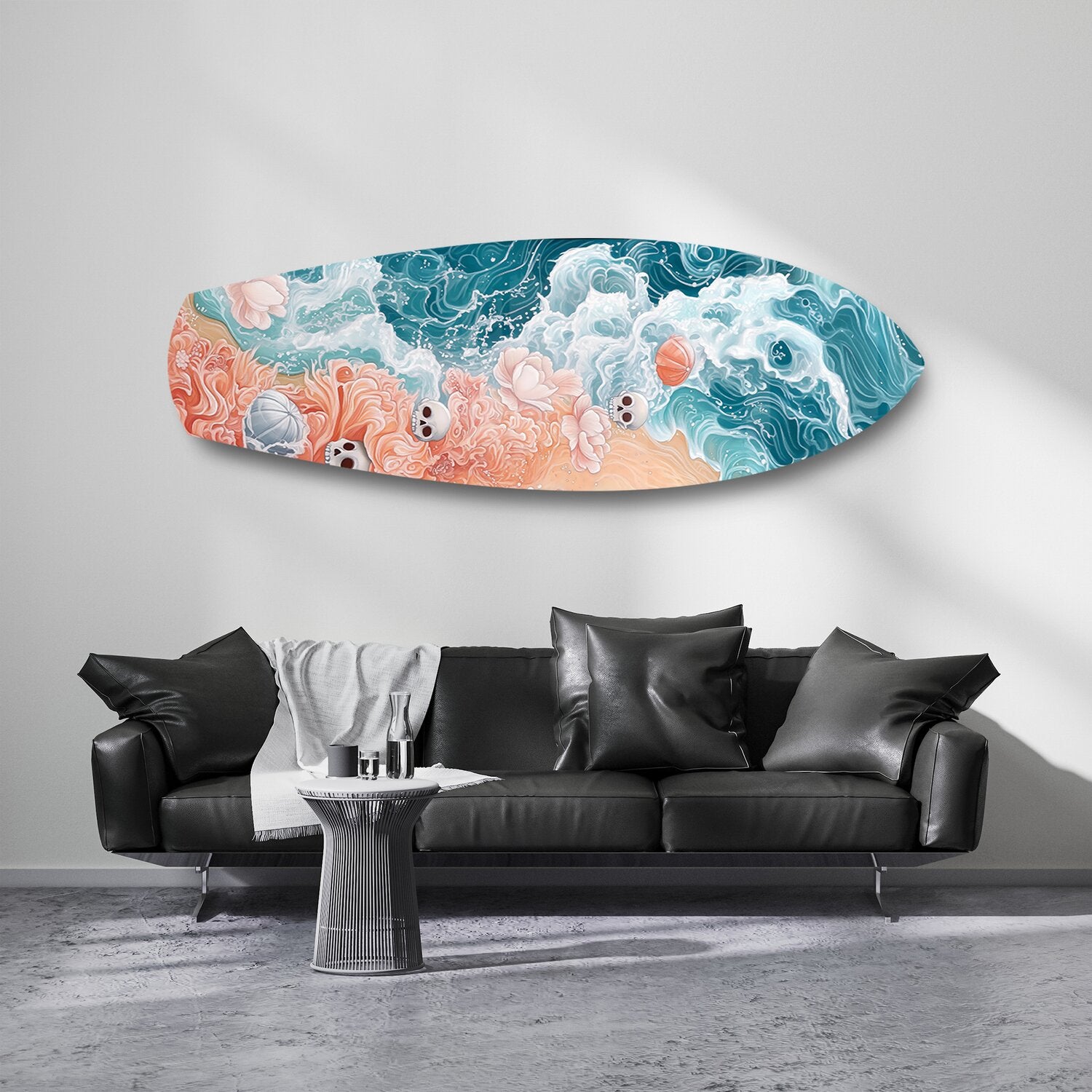 Skulls and Roses Ocean Waves Glass Wall Art.