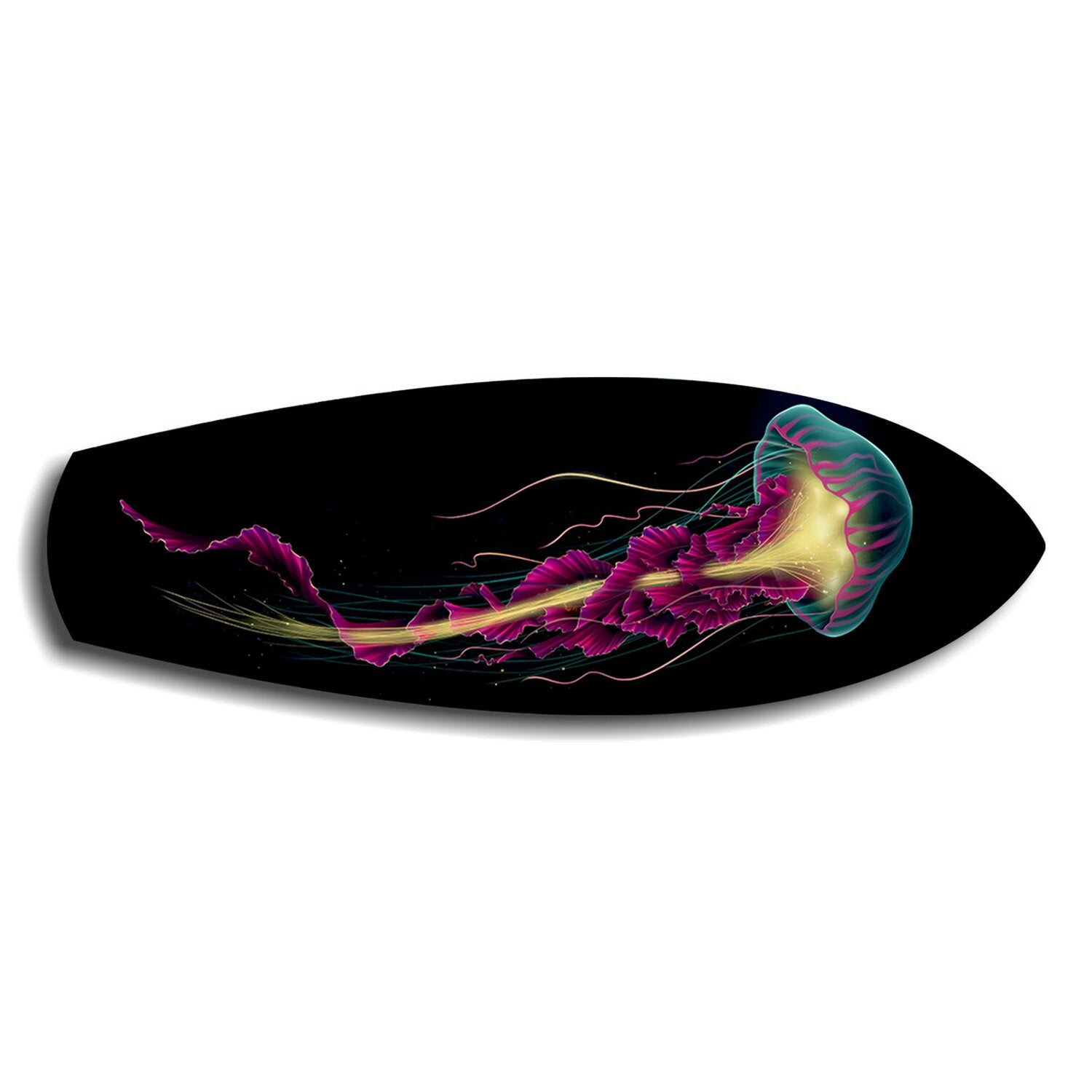 Neon Jellyfish on Black Glass Wall Art.