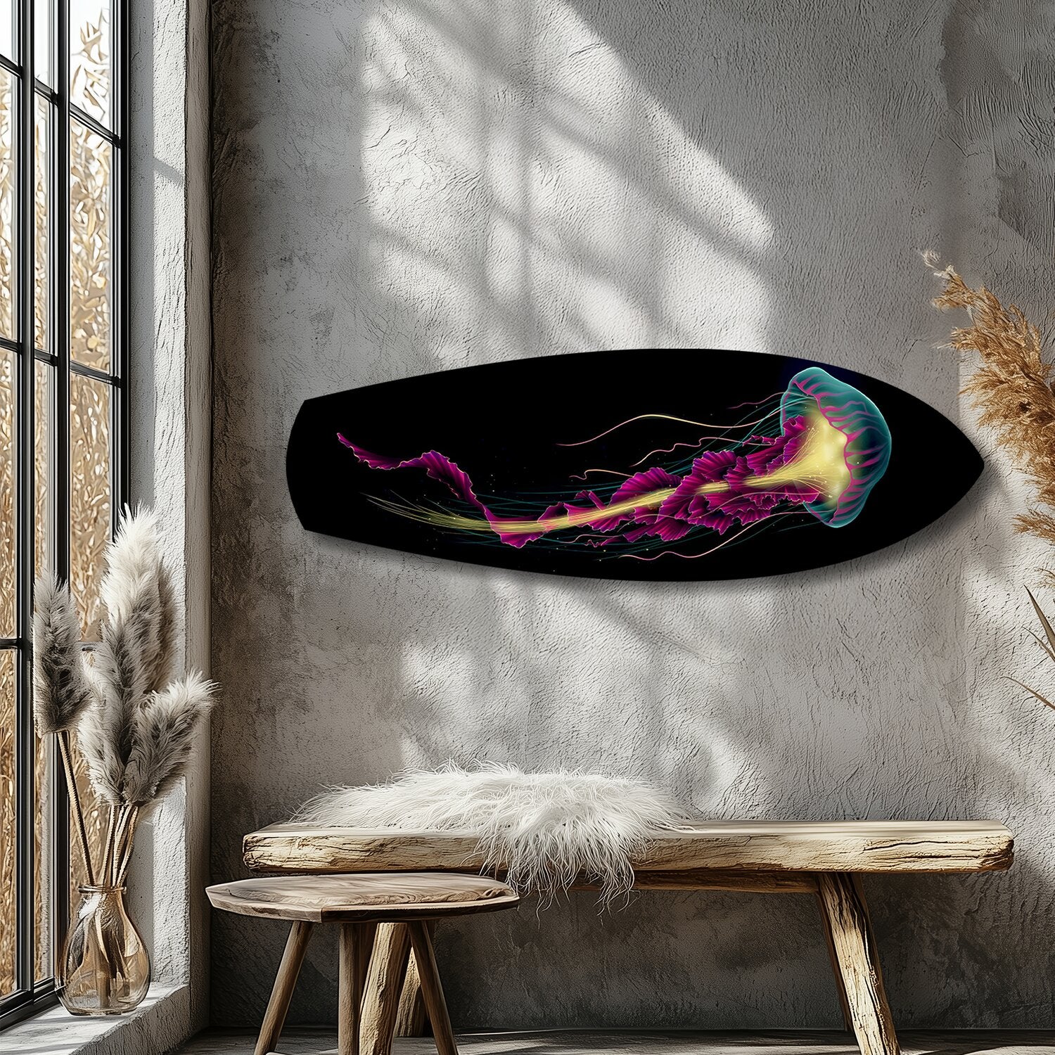 Neon Jellyfish on Black Glass Wall Art.