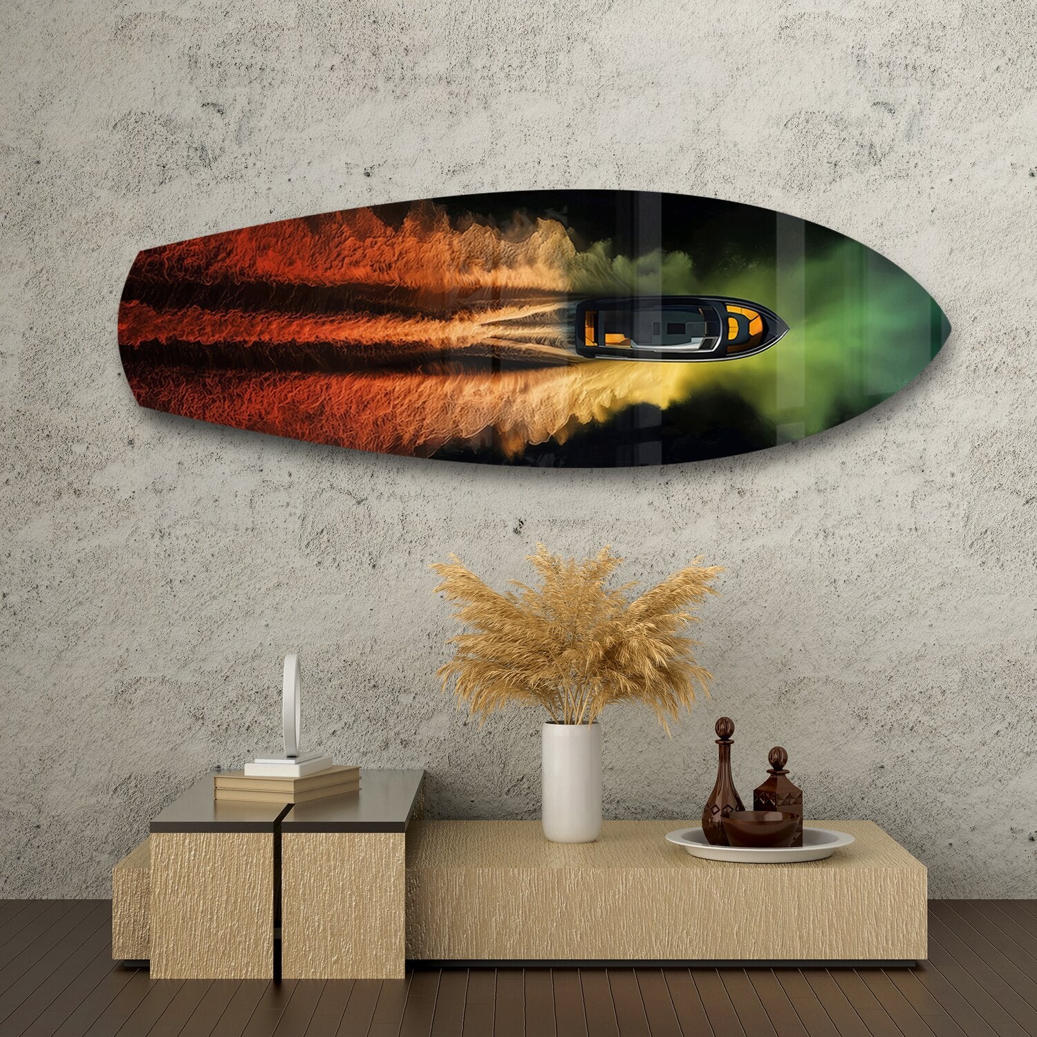 Speedboat Fire and Smoke Trails Glass Wall Art.