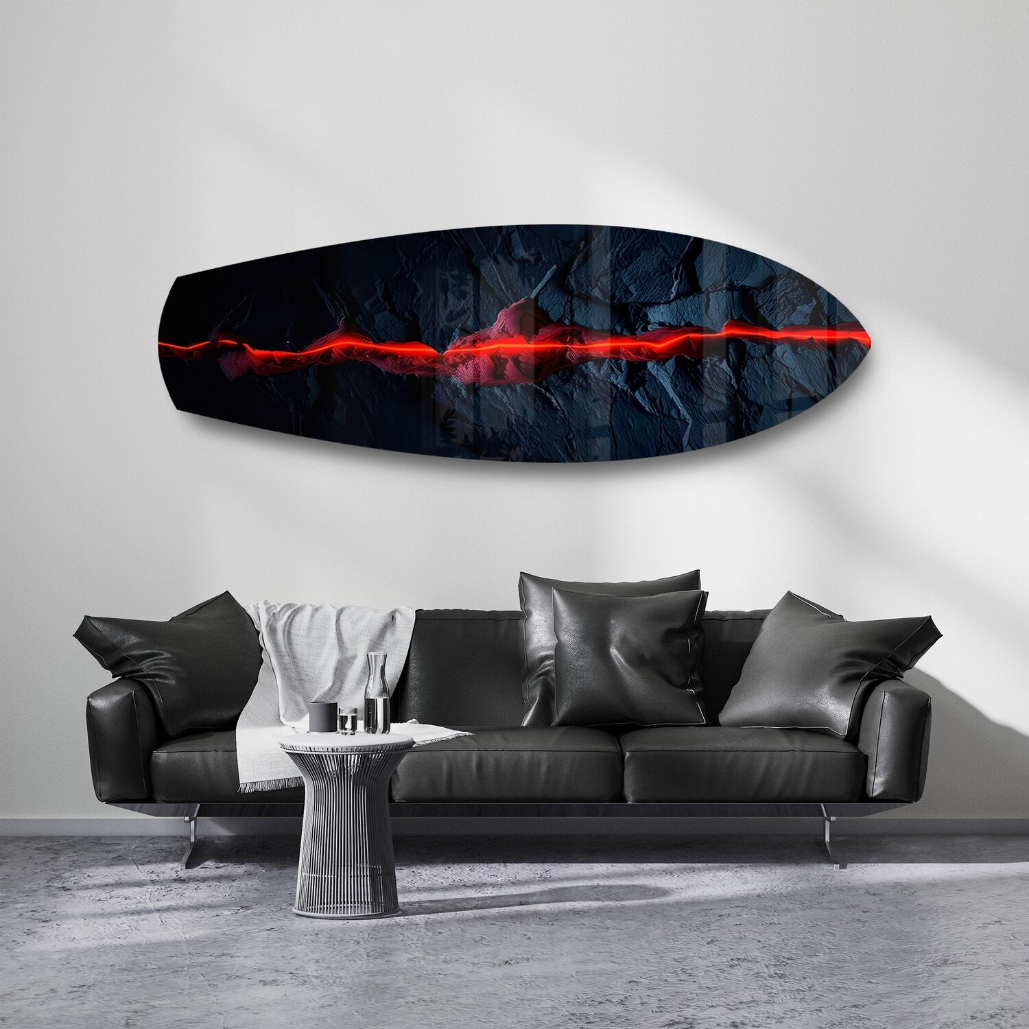 Glowing Lava Crack on Black Stone Glass Wall Art.
