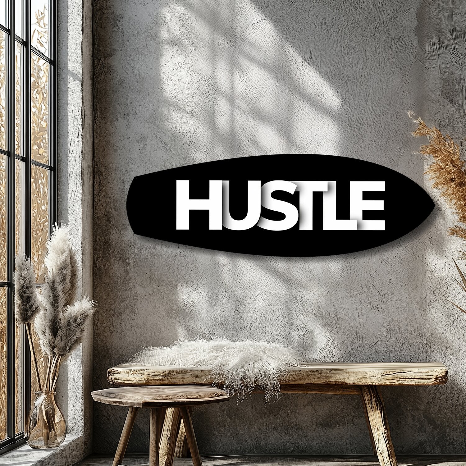 Hustle Typography Motivational Glass Wall Art.
