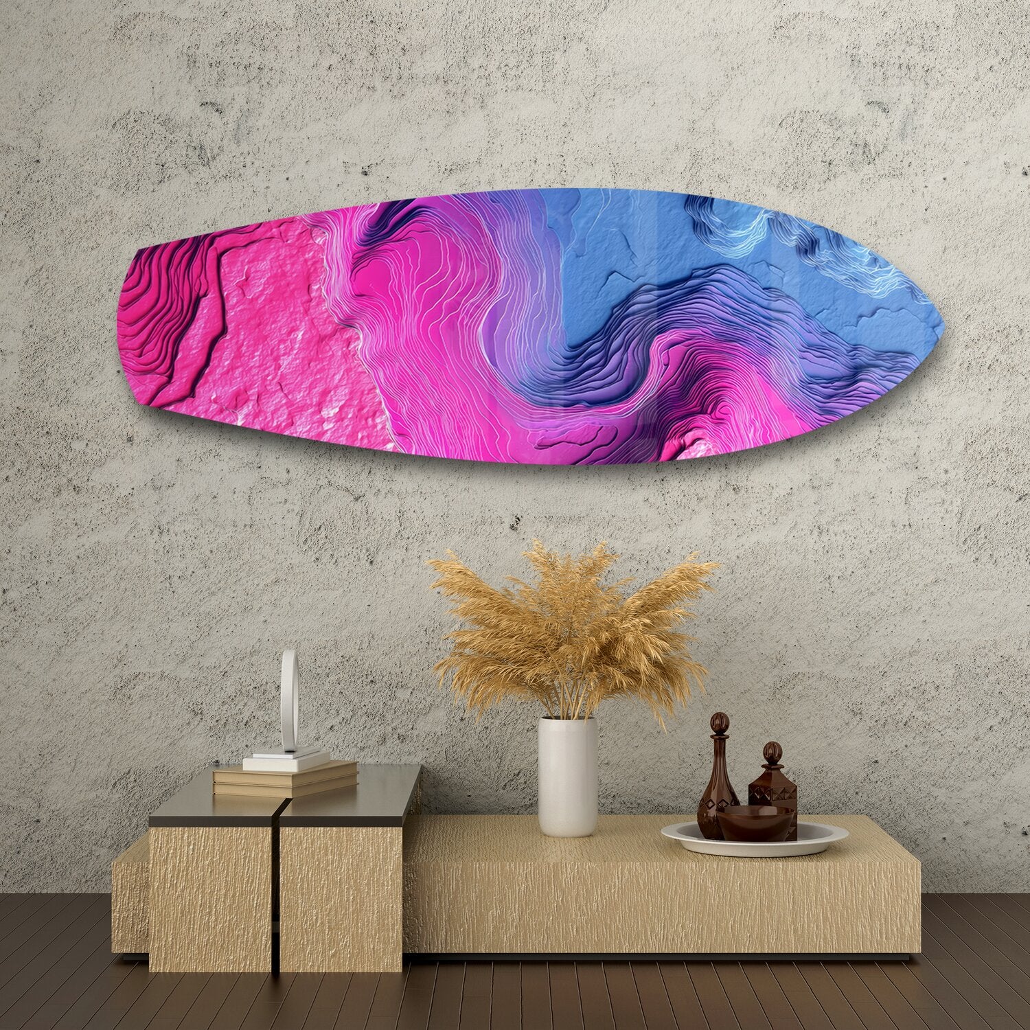 Pink Blue Topographic Wave Abstract Glass Wall Art.