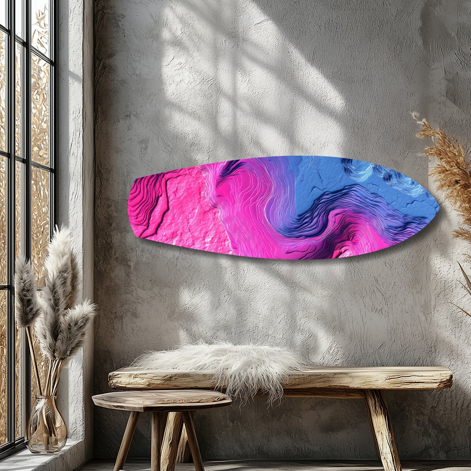 Pink Blue Topographic Wave Abstract Glass Wall Art.