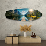 Mountain Lake Dock Sunrise Glass Wall Art.