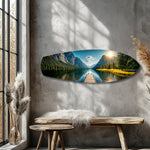 Mountain Lake Dock Sunrise Glass Wall Art.