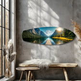 Mountain Lake Dock Sunrise Glass Wall Art.