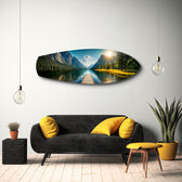 Mountain Lake Dock Sunrise Glass Wall Art.