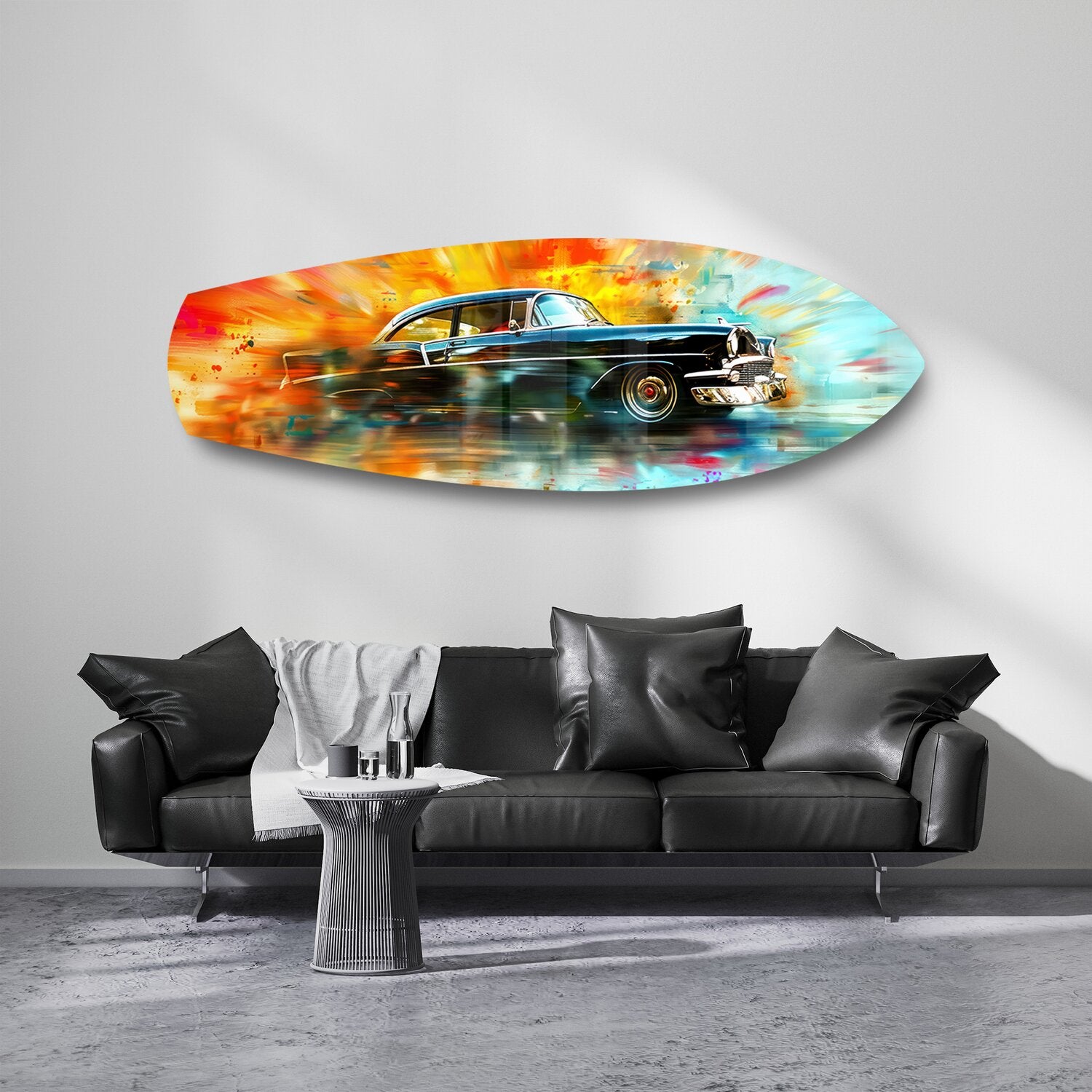Classic Black Car Watercolor Glass Wall Art.