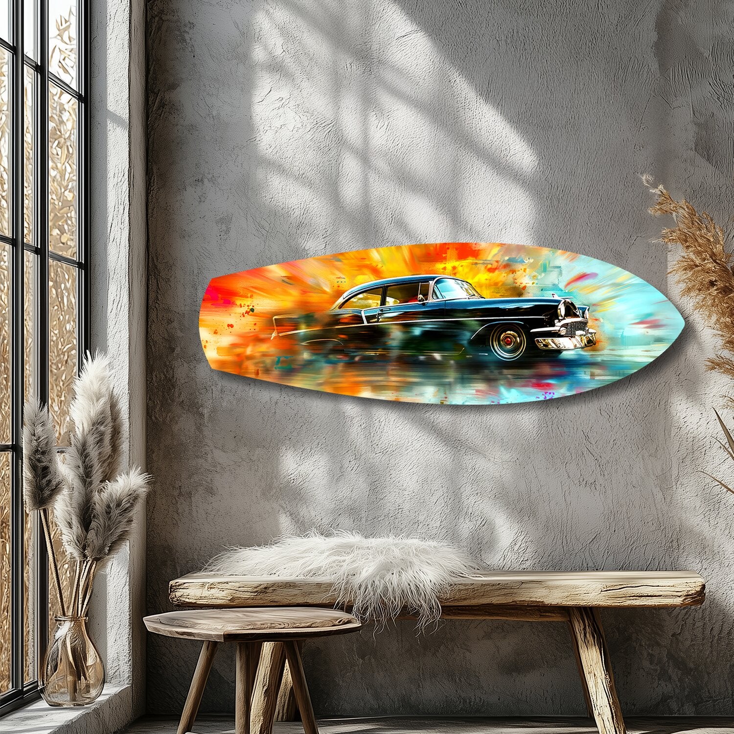 Classic Black Car Watercolor Glass Wall Art.