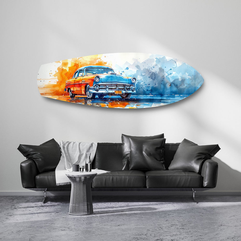Two-Tone Vintage Car Watercolor Glass Wall Art.
