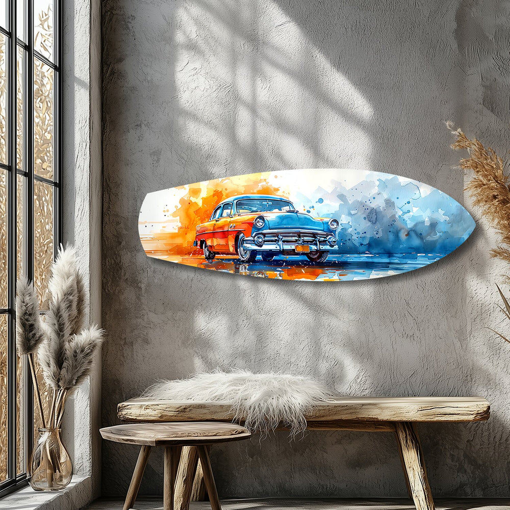 Two-Tone Vintage Car Watercolor Glass Wall Art.