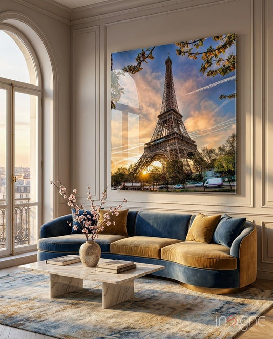 Eiffel Tower Glass Wall Art - Lifestyle preview in a designer interior