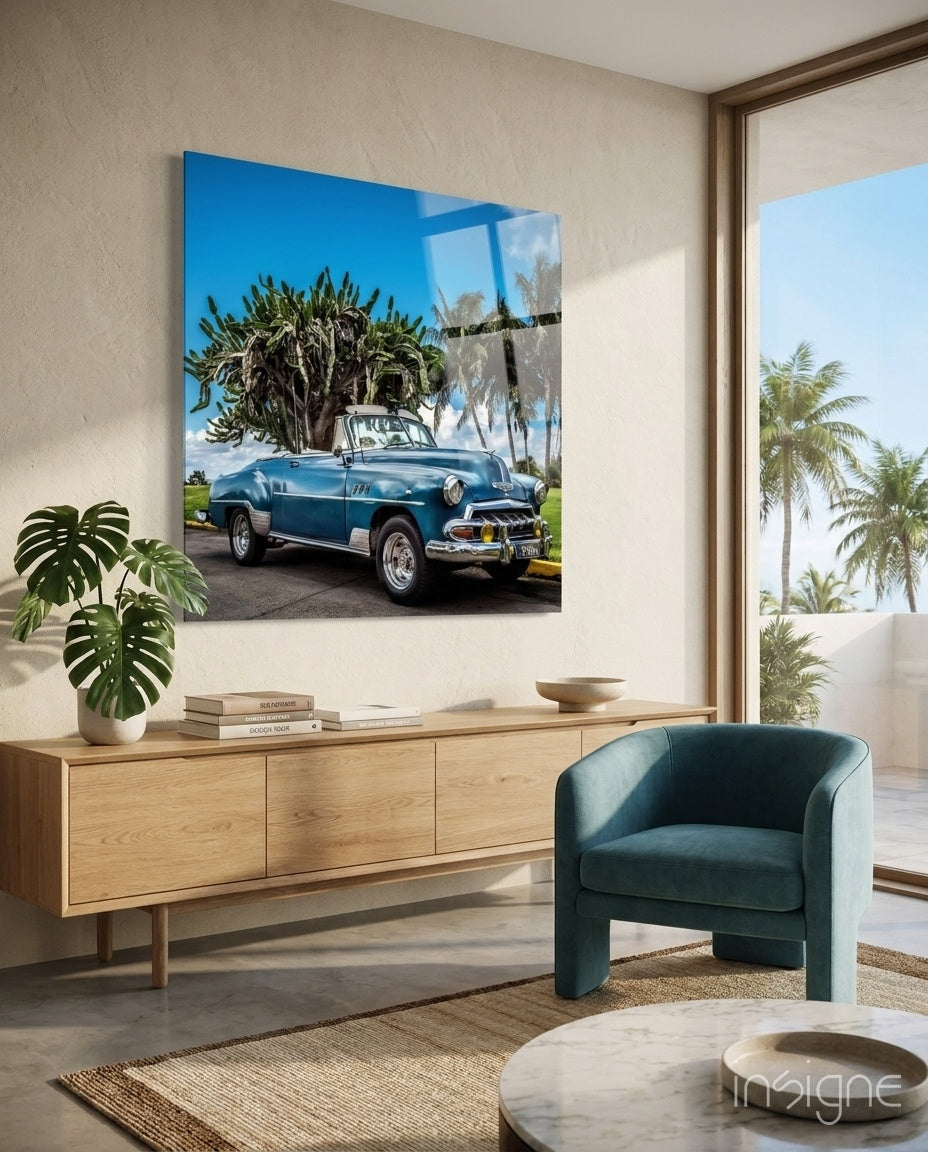Classic Car Glass Wall Art - Lifestyle preview in a designer interior
