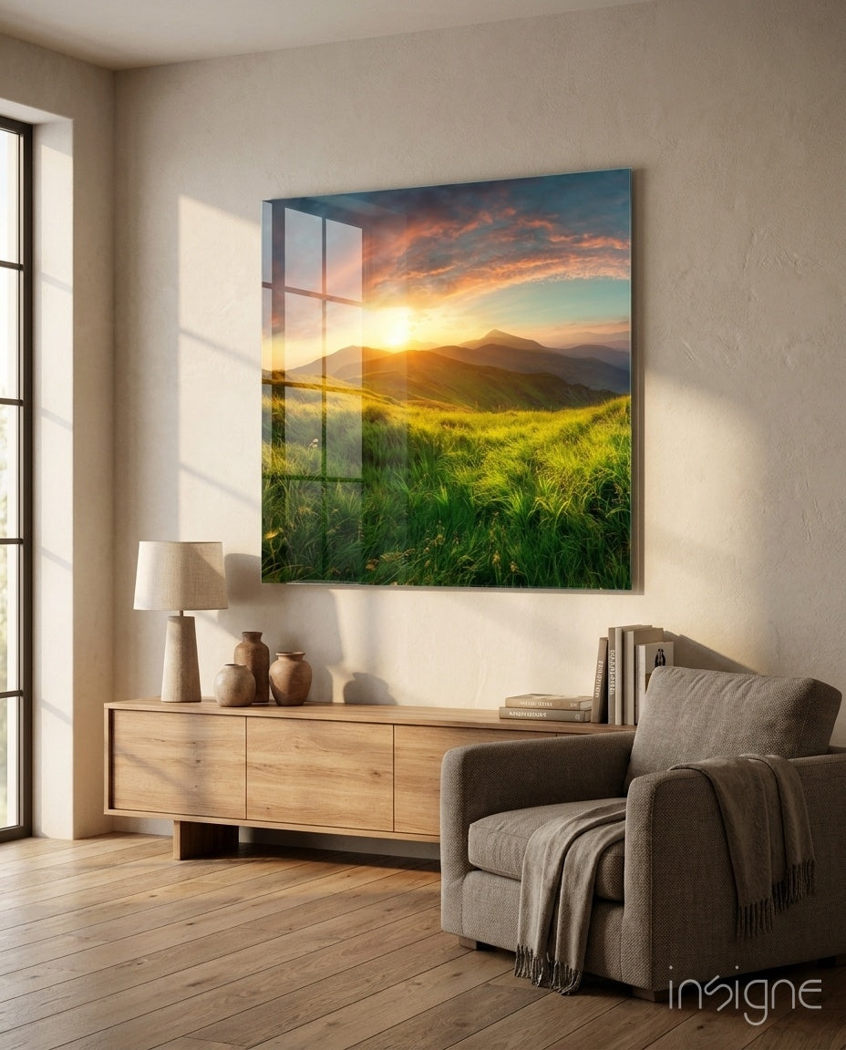 Mountain Landscape Glass Wall Art - Lifestyle preview in a designer interior