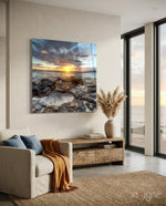 Sunset on the Beach Glass Wall Art - Lifestyle preview in a designer interior