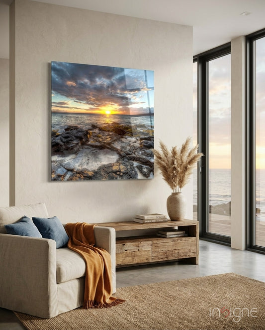 Sunset on the Beach Glass Wall Art - Lifestyle preview in a designer interior
