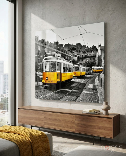 Lisbon Yellow Tram Glass Wall Art - Lifestyle preview in a designer interior