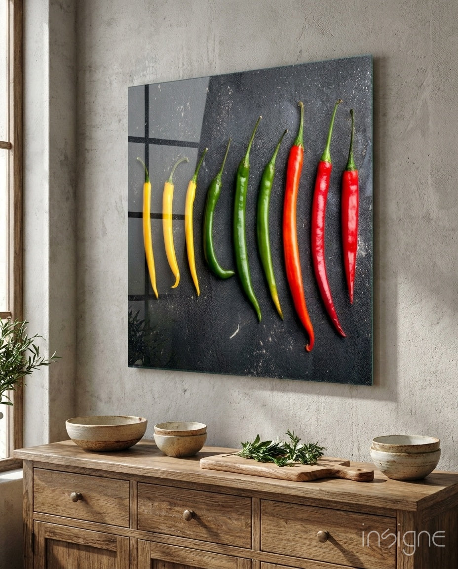 Colored Peppers Glass Wall Art - Lifestyle preview in a designer interior