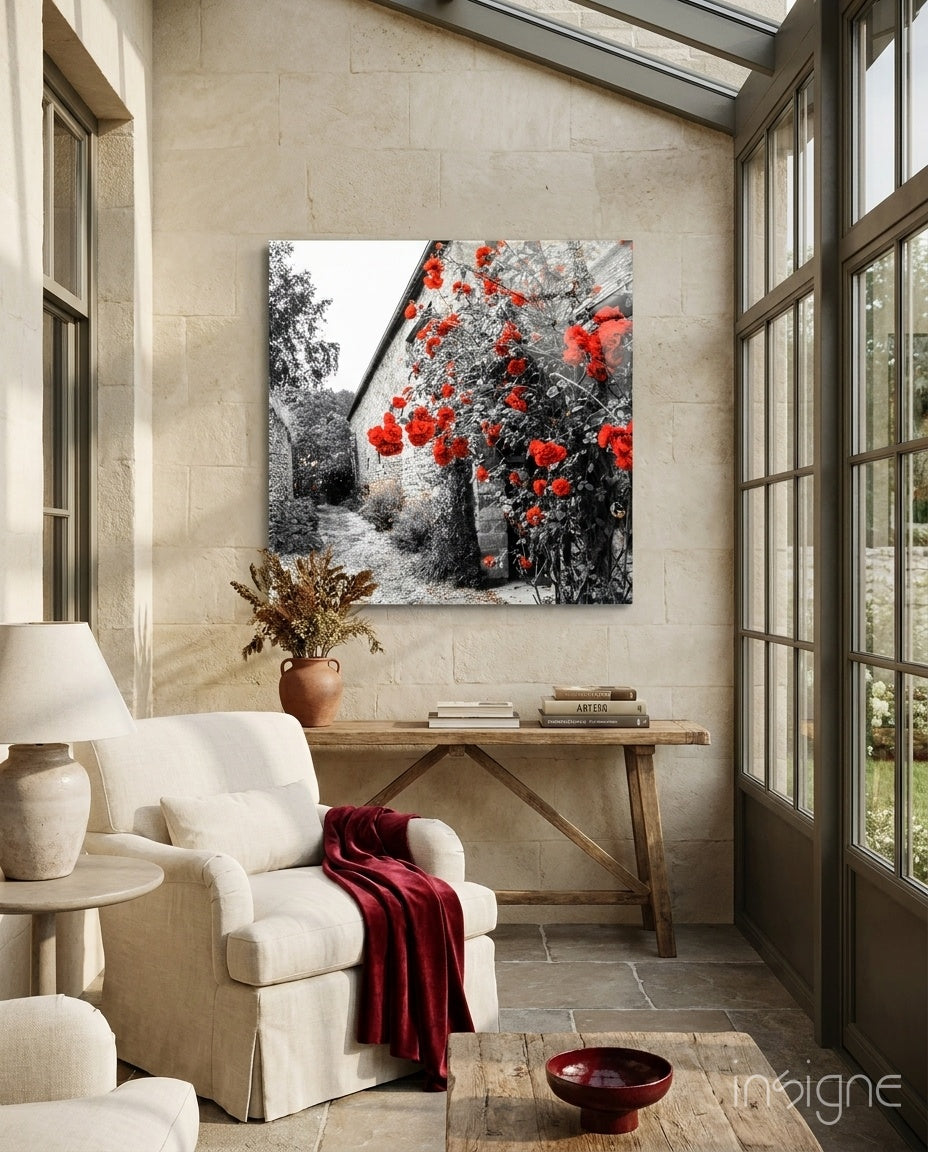 Red Roses Glass Wall Art - Lifestyle preview in a designer interior