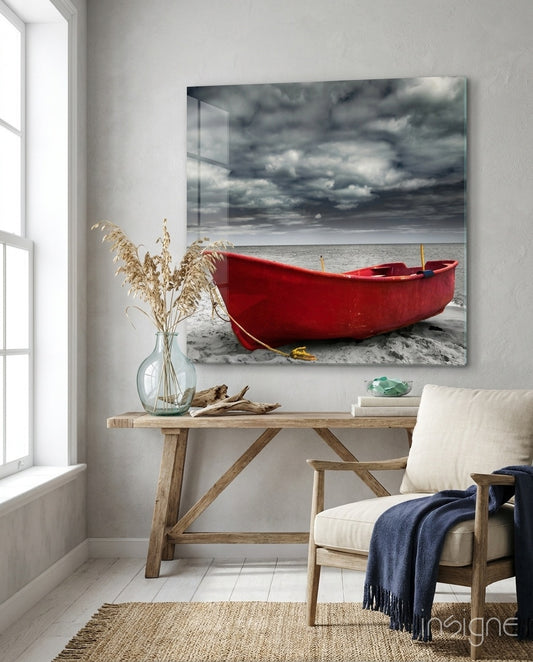 Red Kayak Glass Wall Art - Lifestyle preview in a designer interior