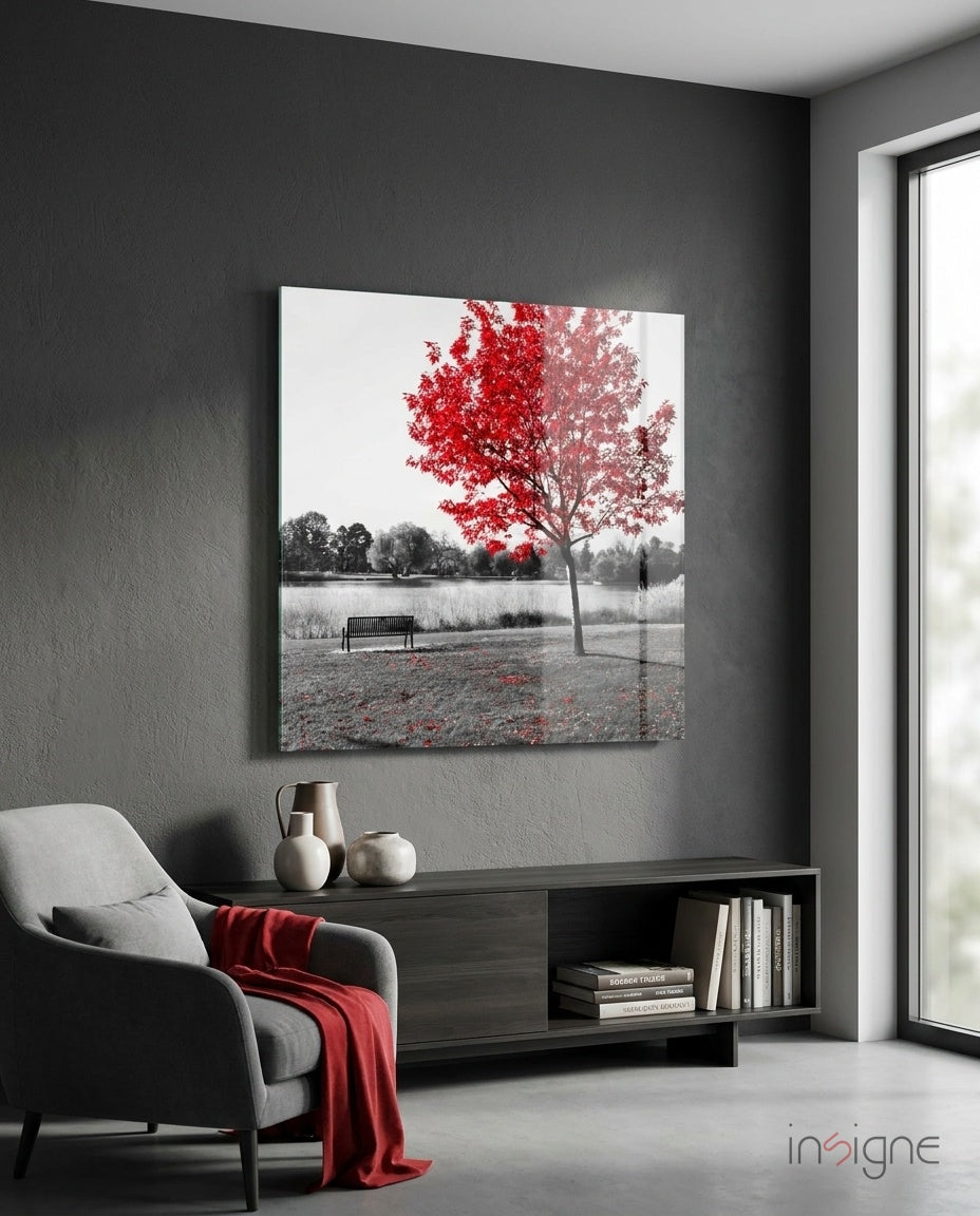 Red Tree Glass Wall Art - Lifestyle preview in a designer interior