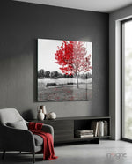 Red Tree Glass Wall Art - Lifestyle preview in a designer interior