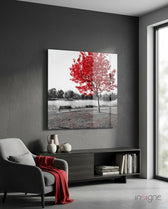 Red Tree Glass Wall Art - Lifestyle preview in a designer interior
