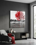Red Tree Glass Wall Art - Lifestyle preview in a designer interior