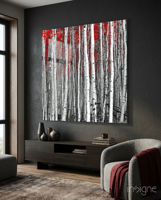 Red Forest Glass Wall Art - Lifestyle preview in a designer interior